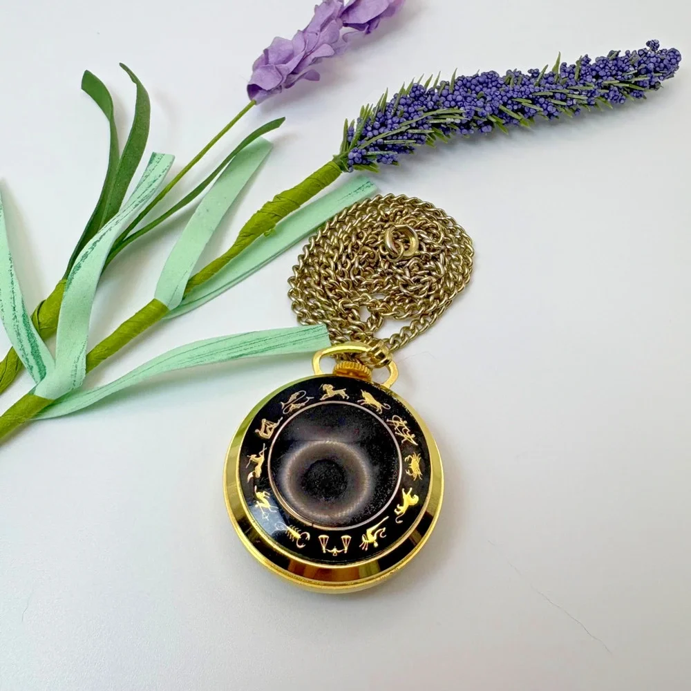 Vtg Genova Chain Pocket Watch Antimagnetic Phina Gold & Black Zodiac Astrology